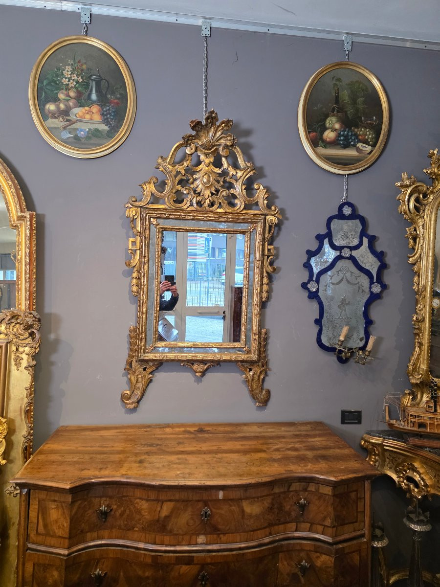Specchiera piemontese in legno intagliato e dorato a mecca, seconda metà del XVIII secolo-photo-1