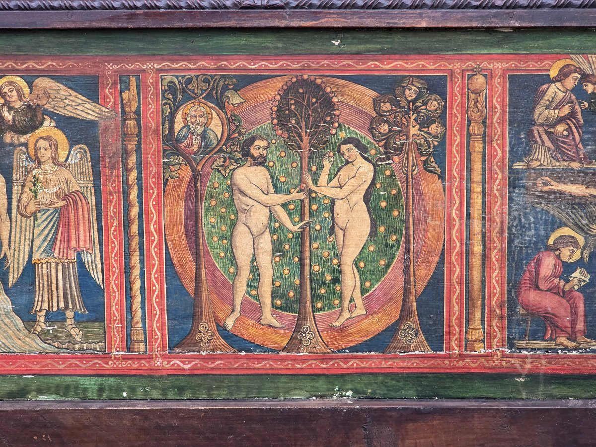 Cassapanca neomedievale scolpita a mano in noce con iconografia cristiana, XIX secolo-photo-2