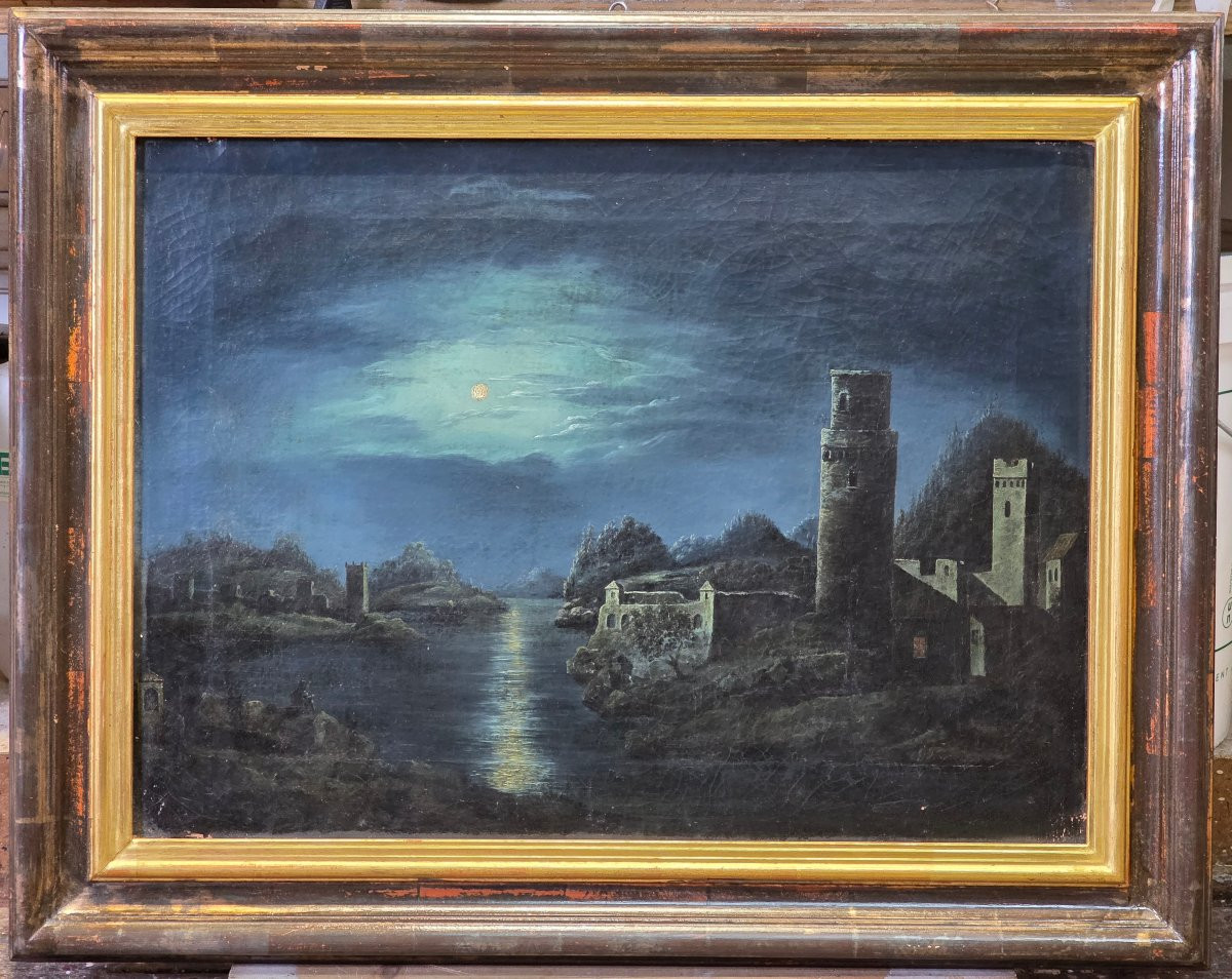 Paesaggio romantico notturno con rovine e riflessi di luna, scuola italiana XIX secolo-photo-2