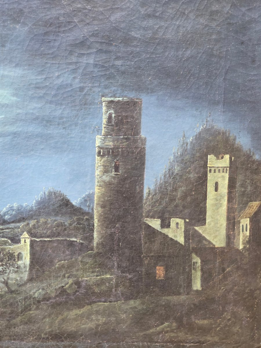 Paesaggio romantico notturno con rovine e riflessi di luna, scuola italiana XIX secolo-photo-3