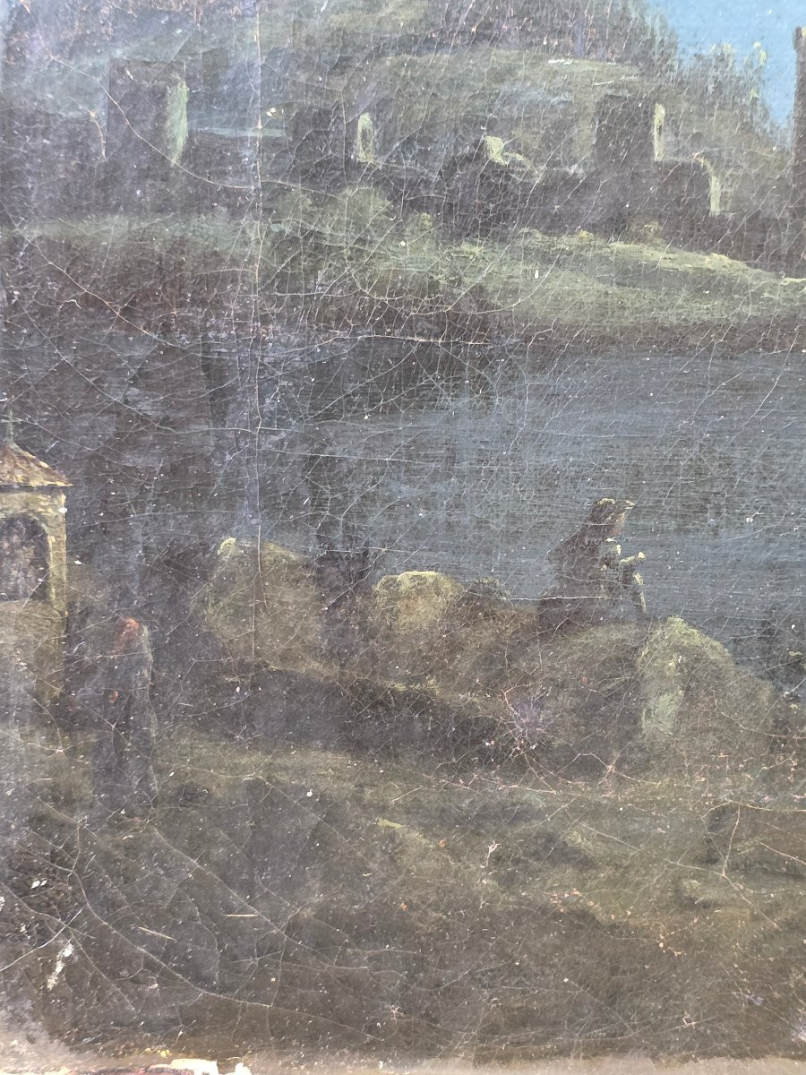 Paesaggio romantico notturno con rovine e riflessi di luna, scuola italiana XIX secolo-photo-4