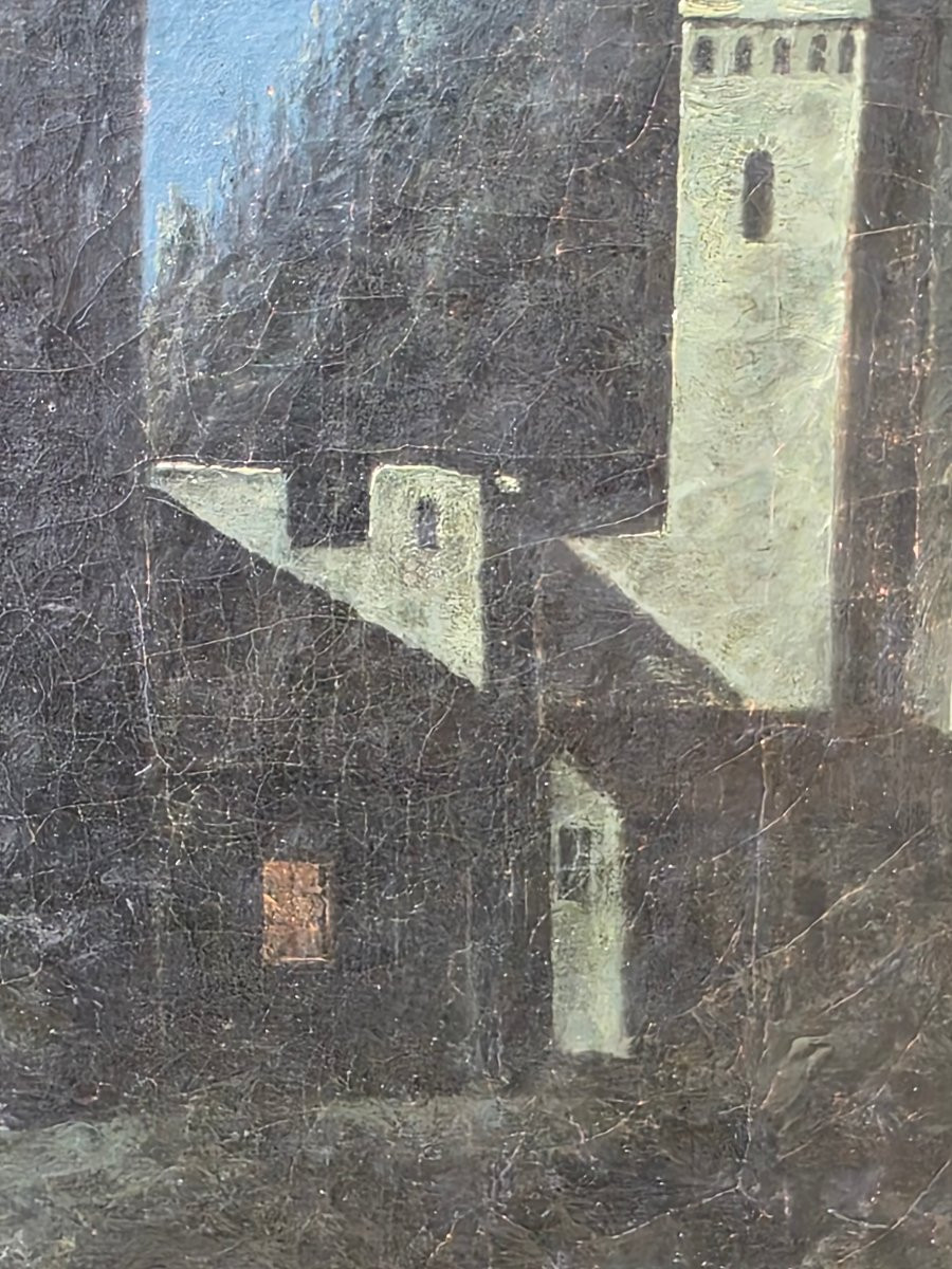 Paesaggio romantico notturno con rovine e riflessi di luna, scuola italiana XIX secolo-photo-3