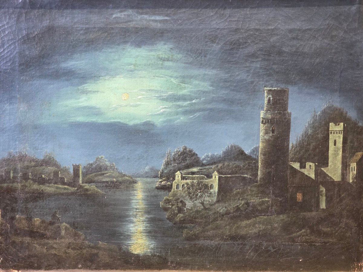 Paesaggio romantico notturno con rovine e riflessi di luna, scuola italiana XIX secolo