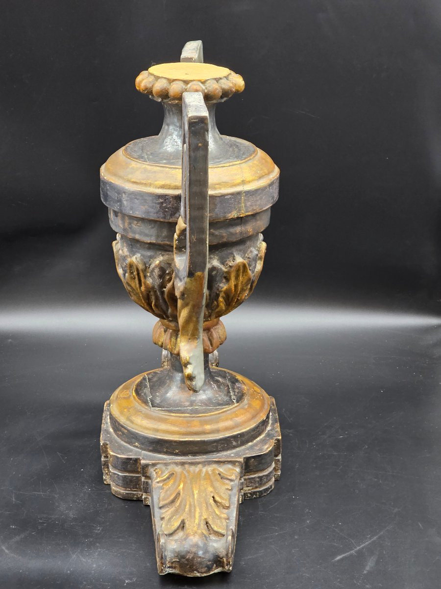 Coppia di grandi portapalme in legno argentato e dorato, gusto neoclassico, inizi XX secolo-photo-4