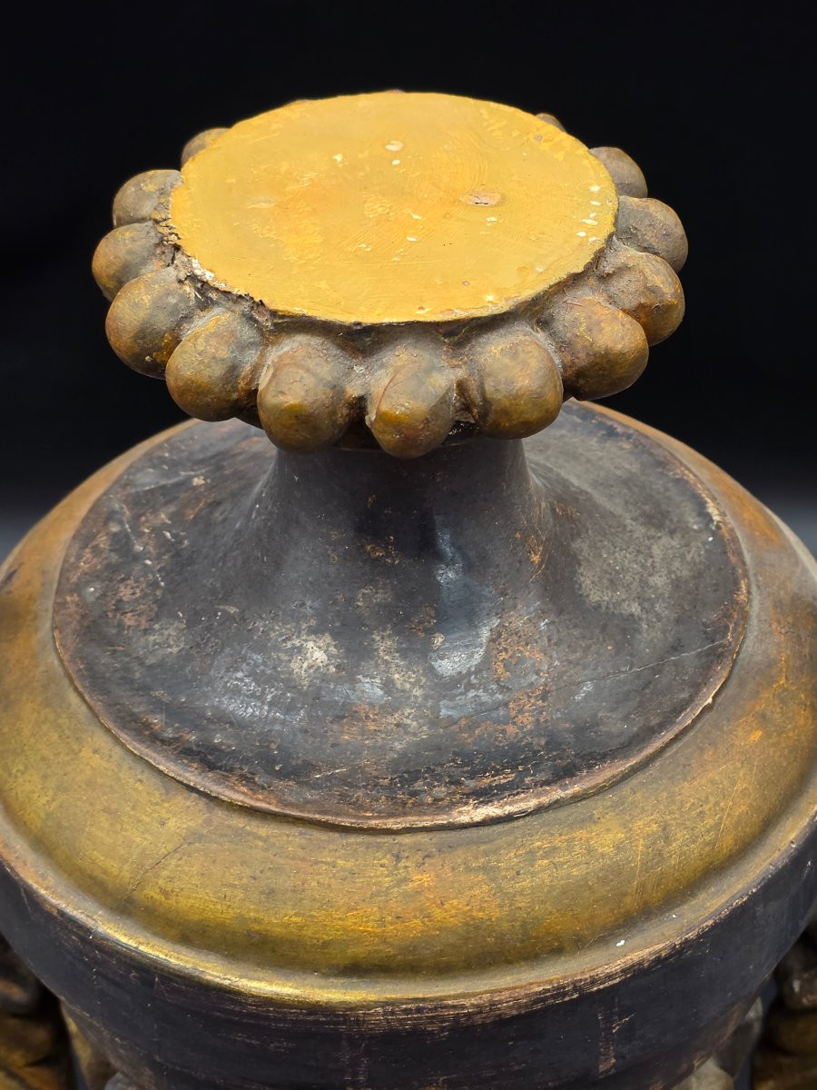 Coppia di grandi portapalme in legno argentato e dorato, gusto neoclassico, inizi XX secolo-photo-3