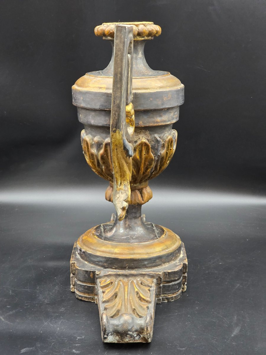 Coppia di grandi portapalme in legno argentato e dorato, gusto neoclassico, inizi XX secolo-photo-5