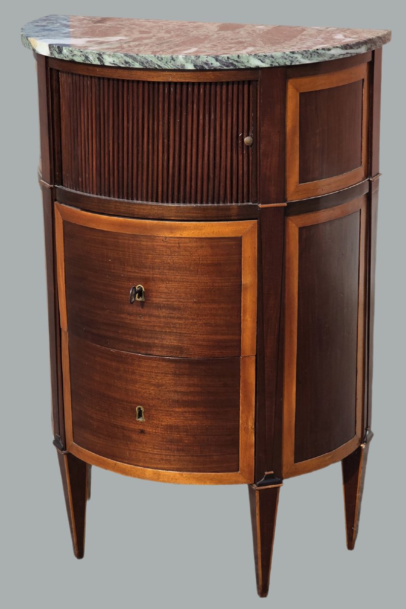 Comodino mezzaluna Luigi XVI in mogano e ciliegio con serrandina, Veneto, fine XVIII secolo-photo-2