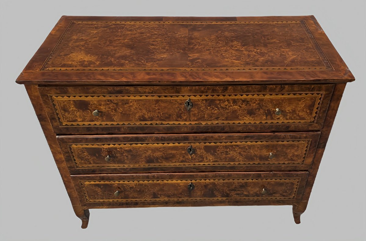 Comò veneto Luigi XVI lastronato in radica di noce e tuia, fine XVIII secolo-photo-4