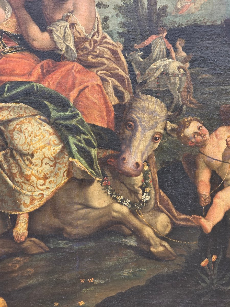 Grande dipinto decorativo antico “Ratto d’Europa”, scuola veneta, XVIII secolo-photo-4