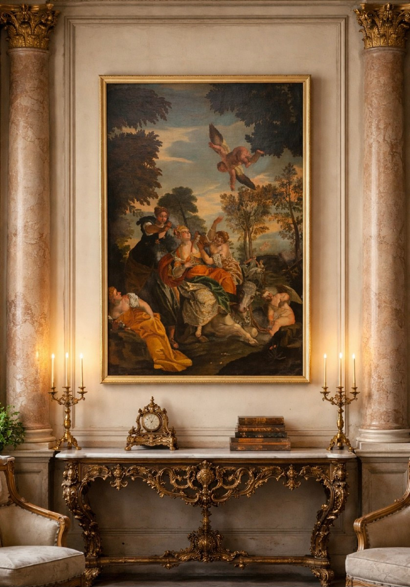 Grande dipinto decorativo antico “Ratto d’Europa”, scuola veneta, XVIII secolo-photo-3