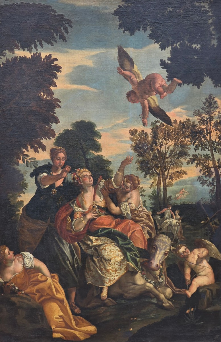 Grande dipinto decorativo antico “Ratto d’Europa”, scuola veneta, XVIII secolo
