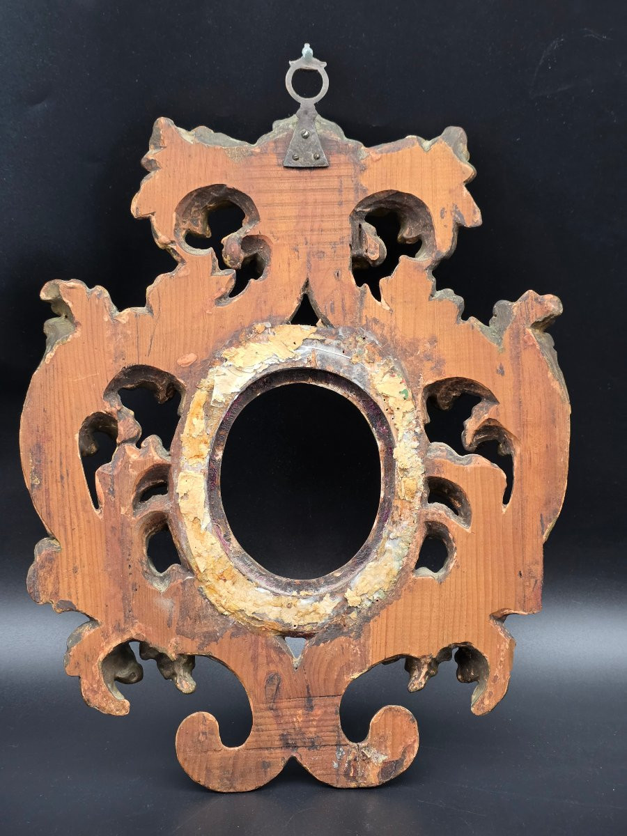 Cornice ovale Luigi XV intagliata e dorata, legno di cirmolo, Veneto-Emilia, XVIII secolo-photo-3