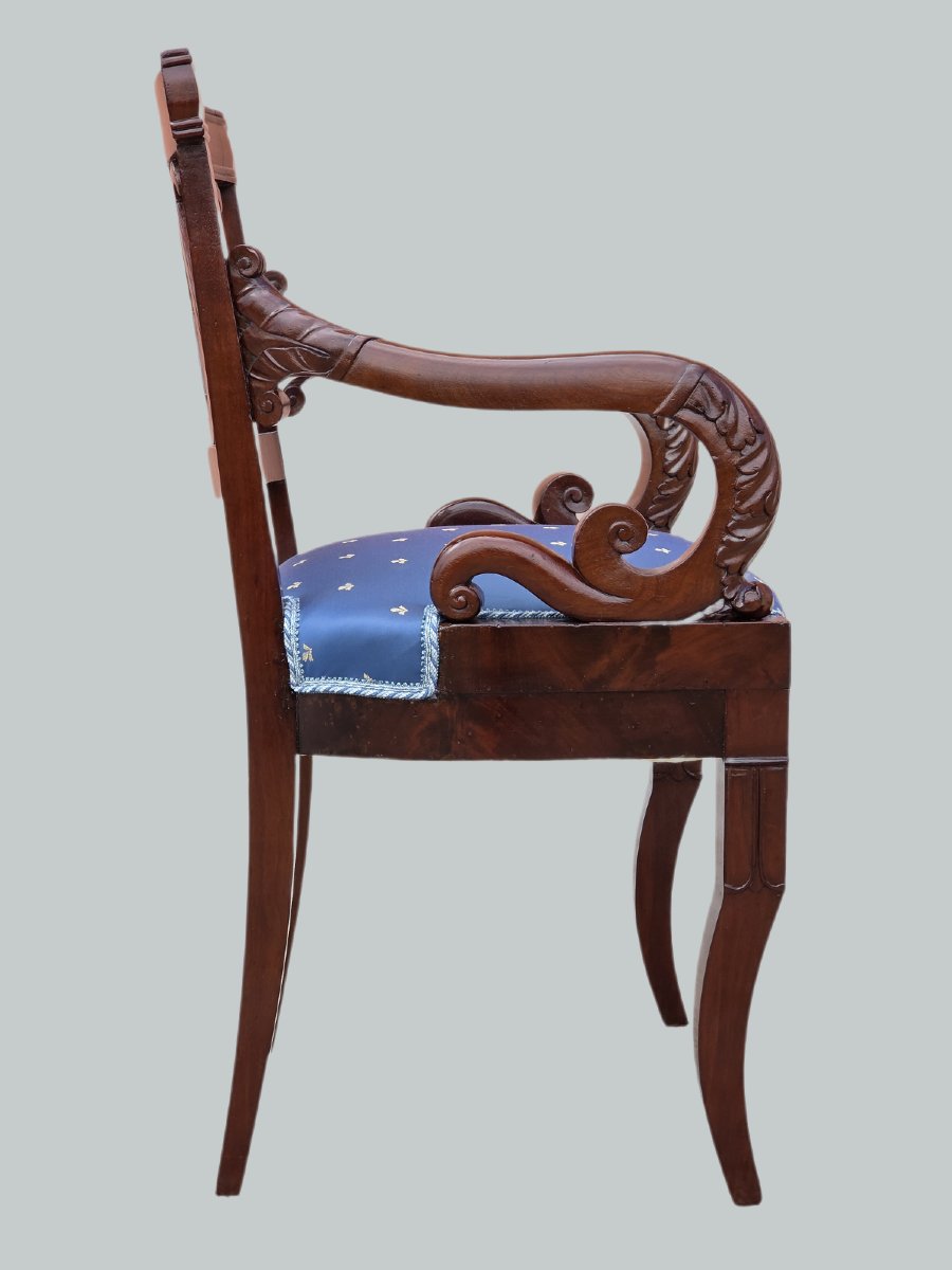 Poltrona Impero in mogano intagliato, braccioli a ricciolo, Italia primi ‘800-photo-2
