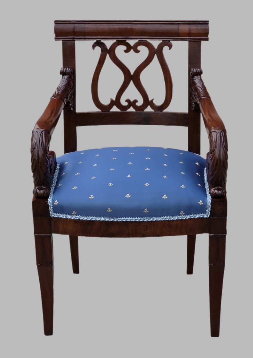 Poltrona Impero in mogano intagliato, braccioli a ricciolo, Italia primi ‘800-photo-3