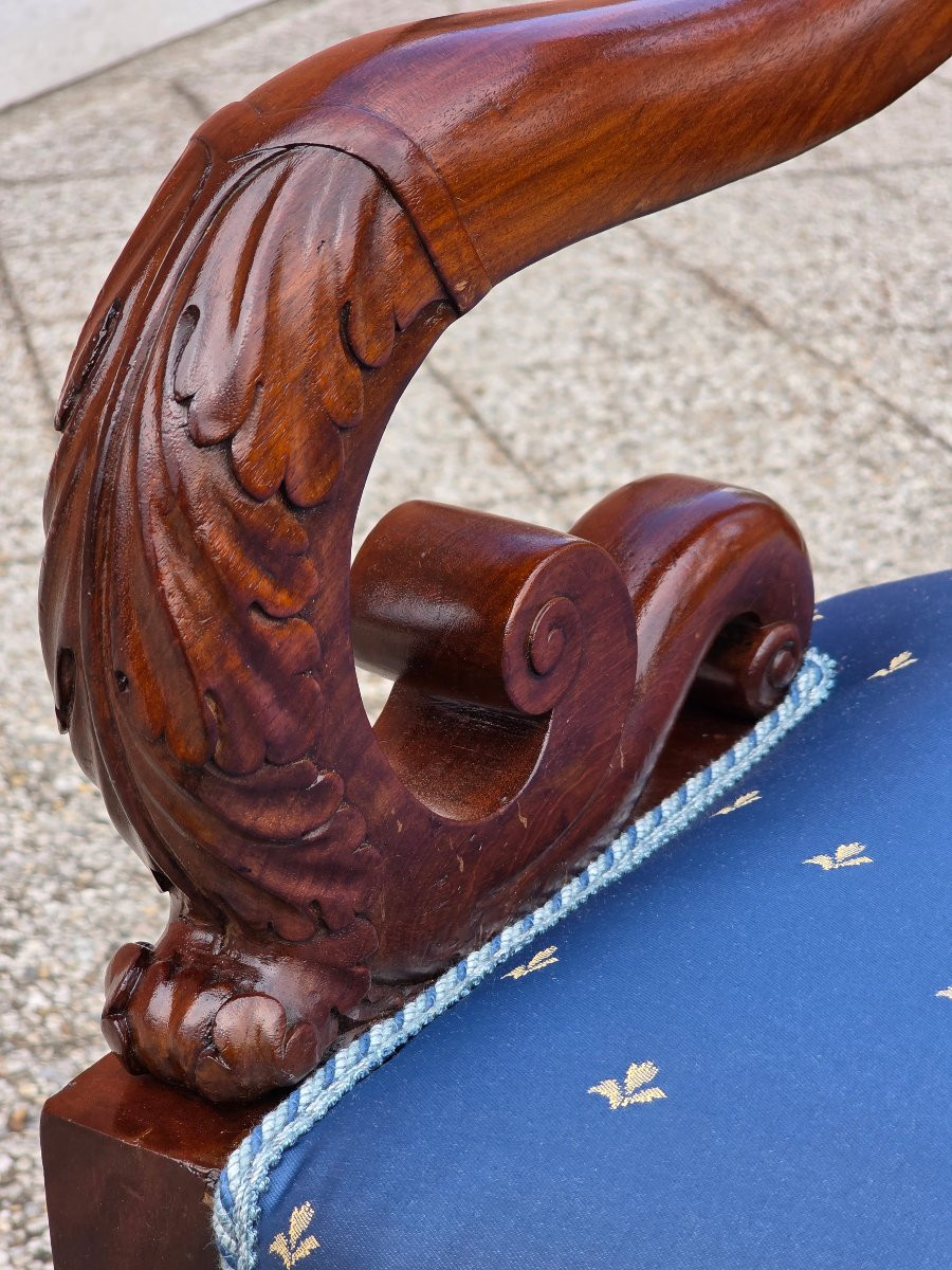 Poltrona Impero in mogano intagliato, braccioli a ricciolo, Italia primi ‘800-photo-3