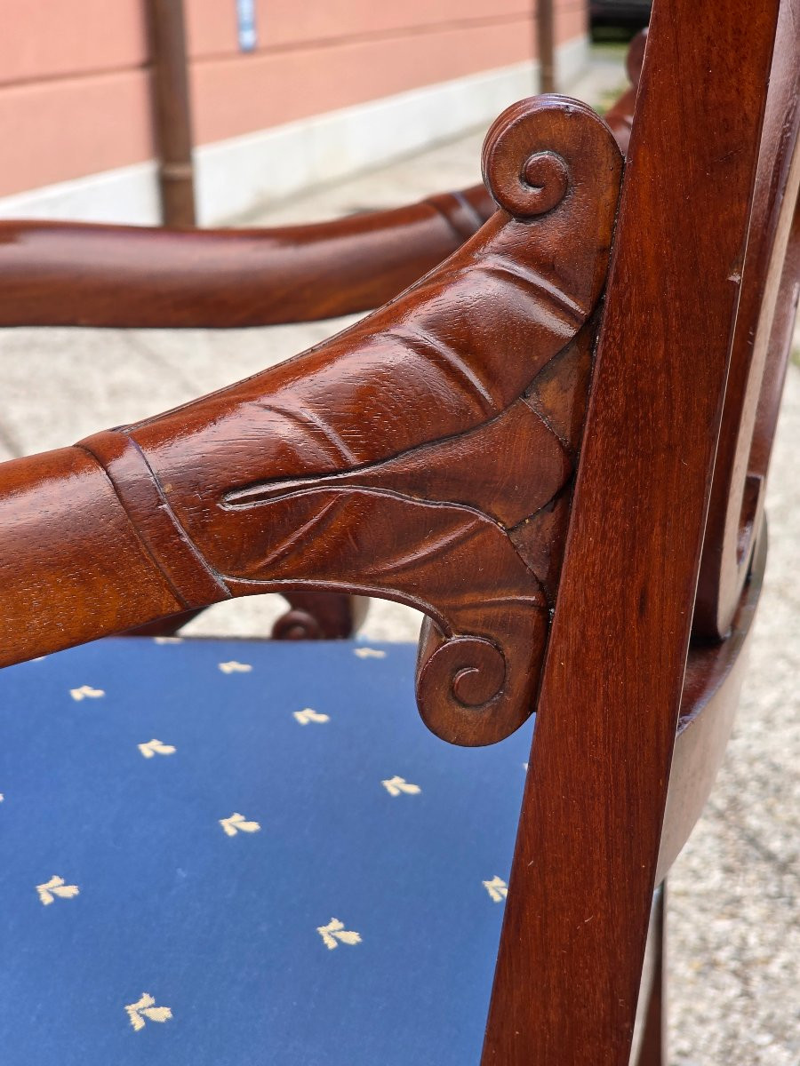 Poltrona Impero in mogano intagliato, braccioli a ricciolo, Italia primi ‘800-photo-4