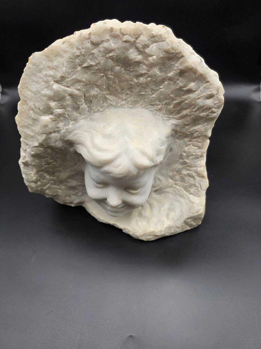 Scultura bambino in marmo bianco, testa emergente, metà XX secolo-photo-3