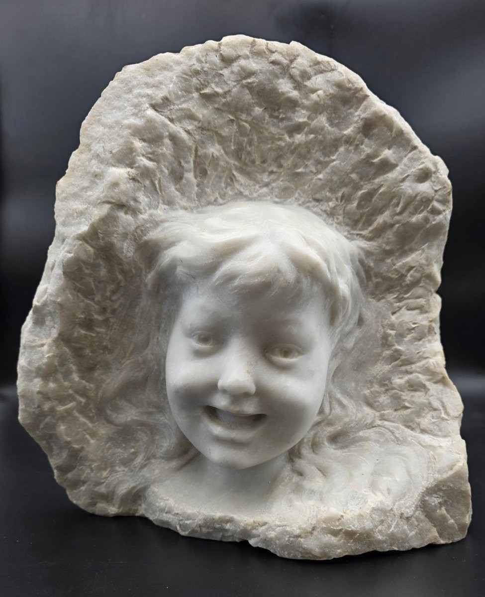 Scultura bambino in marmo bianco, testa emergente, metà XX secolo-photo-2