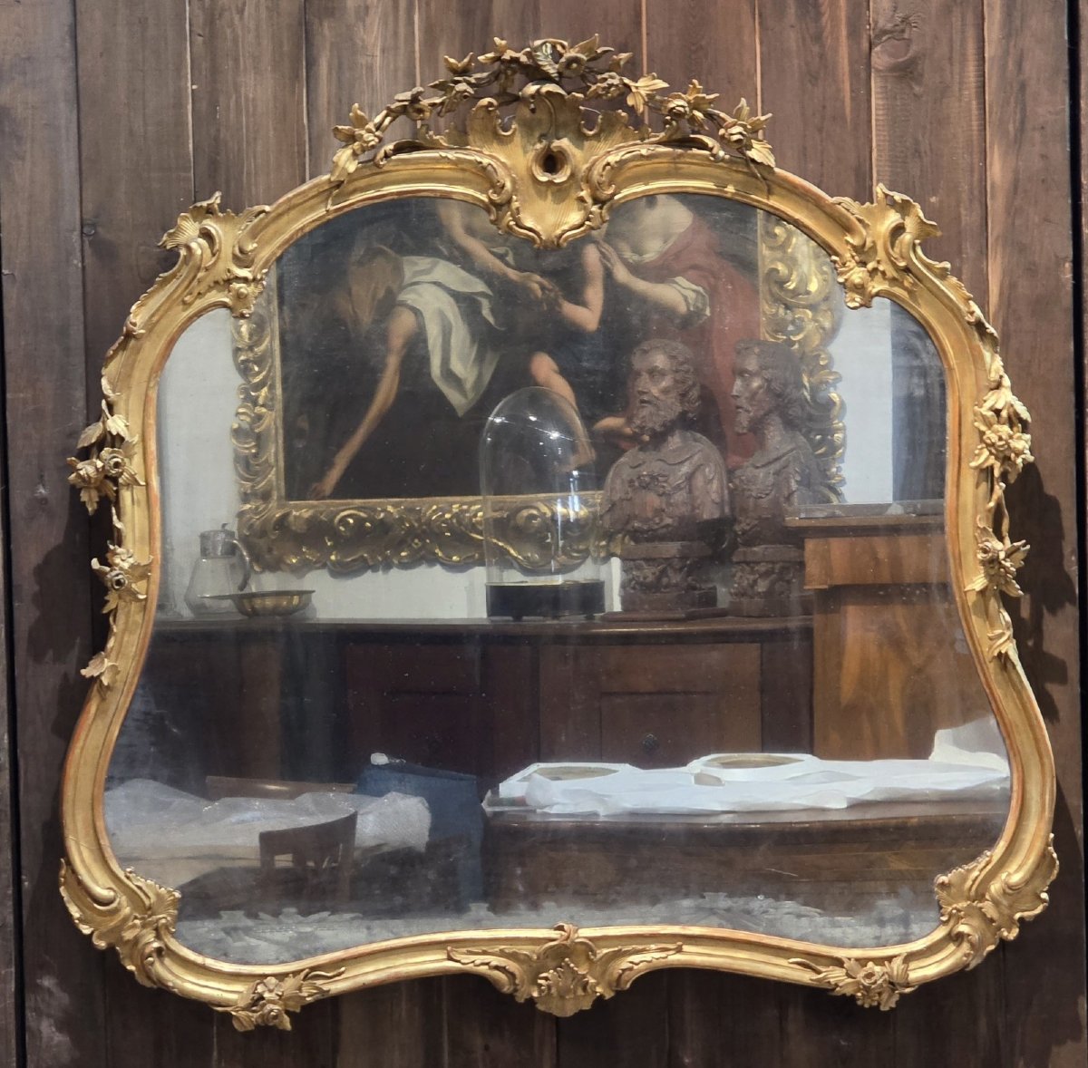 Specchiera veneziana Carlo X dorata a foglia oro, specchio al mercurio, 1820-photo-1