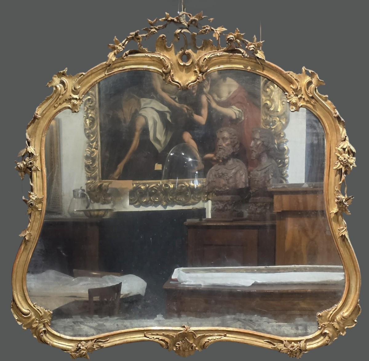 Specchiera veneziana Carlo X dorata a foglia oro, specchio al mercurio, 1820