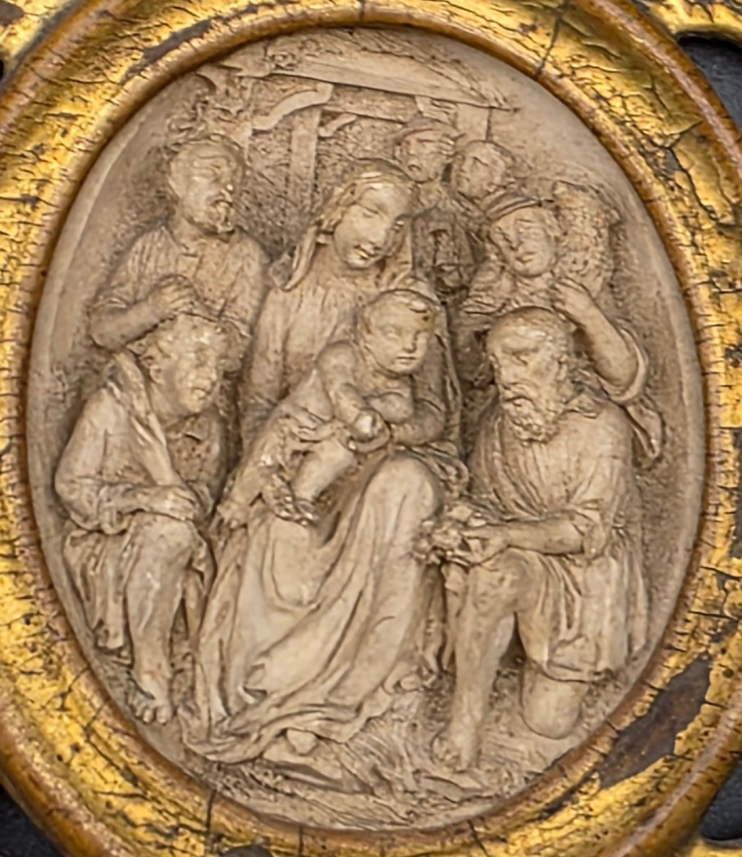 Adorazione dei Pastori in spuma di mare, scultura devozionale con cornice dorata XVIII sec-photo-4