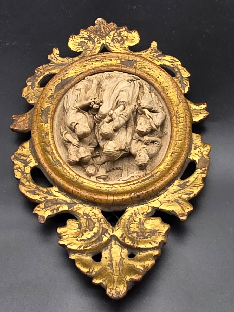 Adorazione dei Pastori in spuma di mare, scultura devozionale con cornice dorata XVIII sec-photo-2