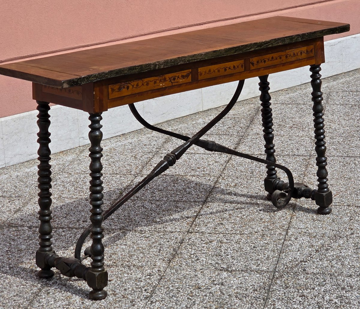 Tavolino console lombardo XVIII secolo intarsiato con gambe a rocchetto-photo-2