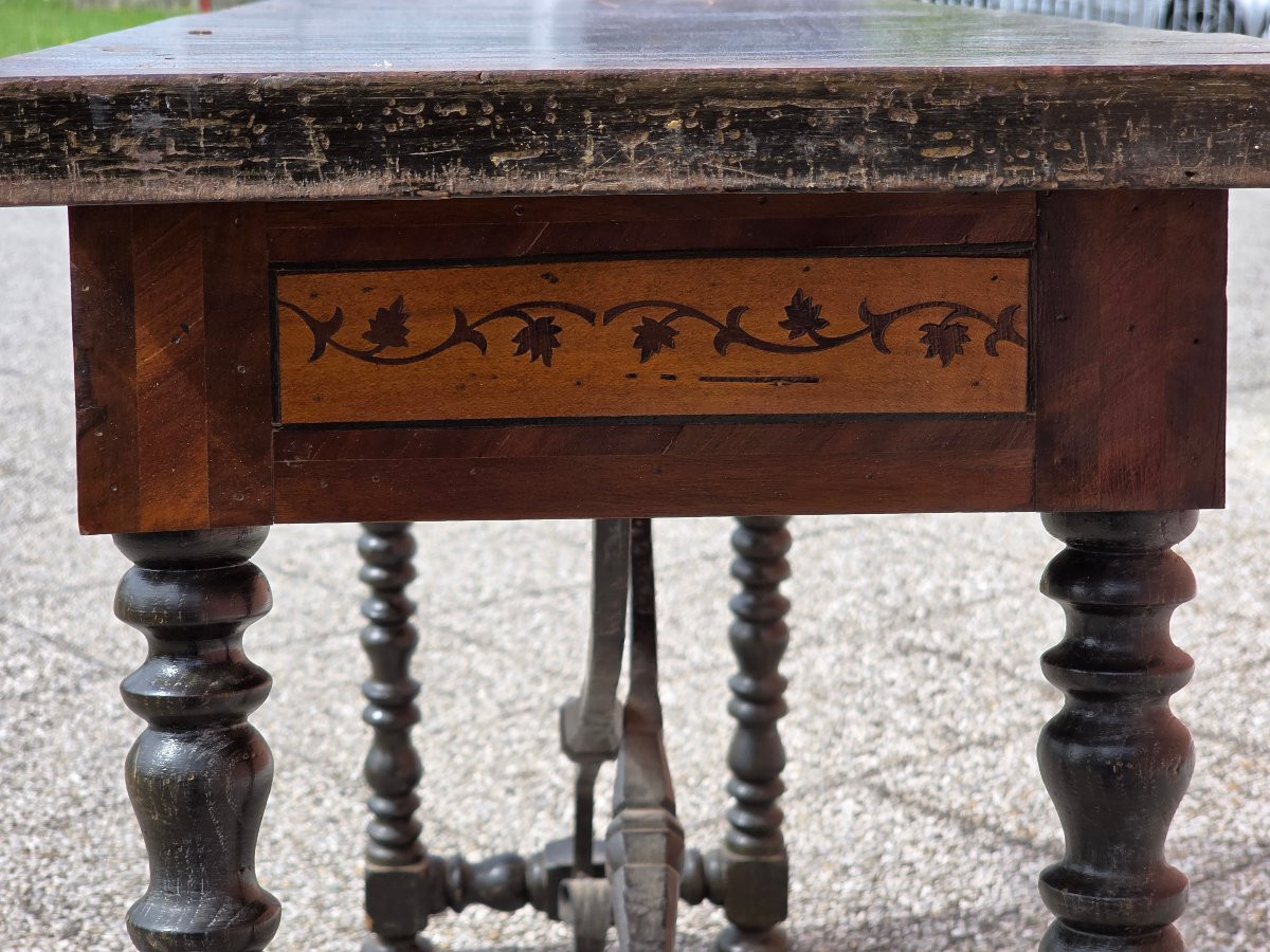 Tavolino console lombardo XVIII secolo intarsiato con gambe a rocchetto-photo-3