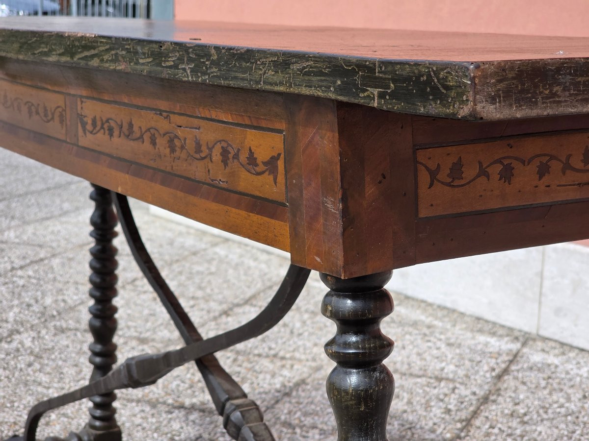 Tavolino console lombardo XVIII secolo intarsiato con gambe a rocchetto-photo-3