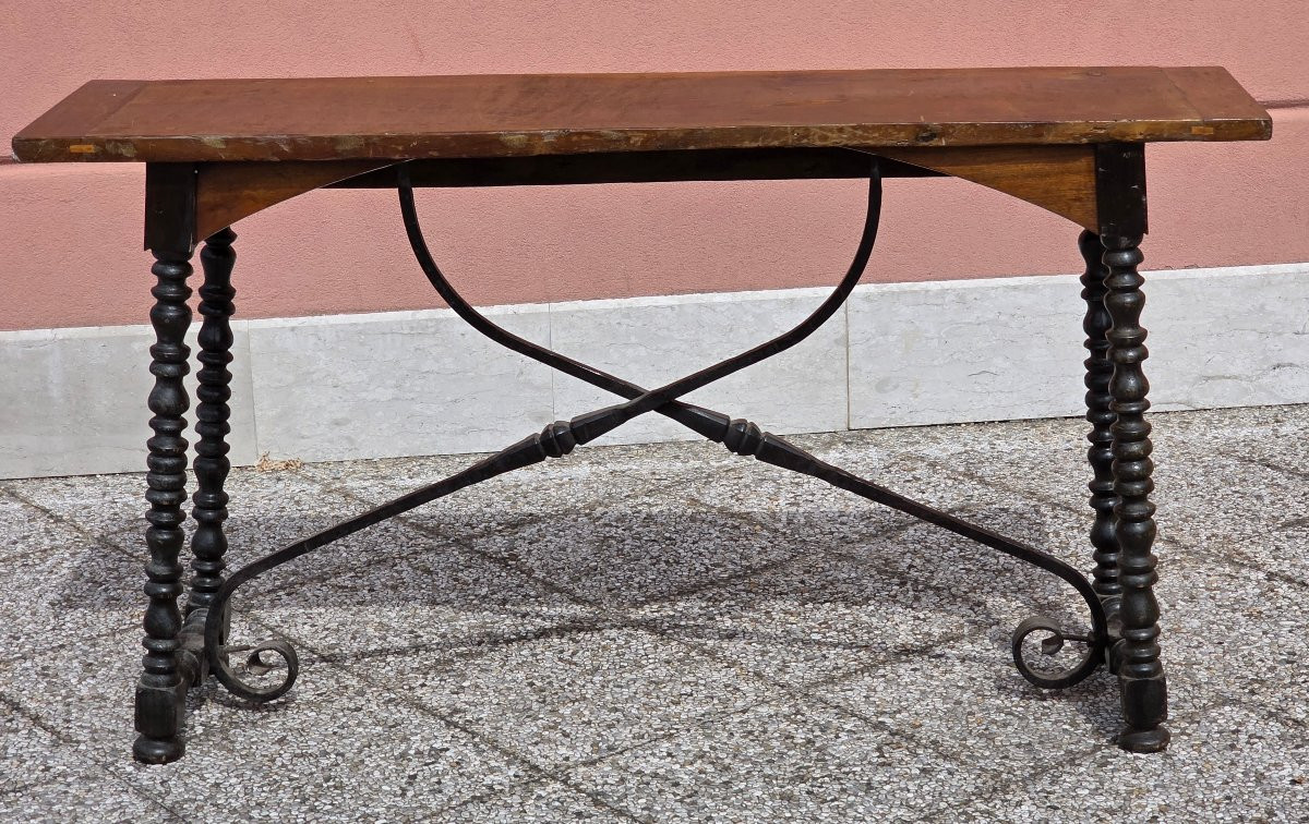 Tavolino console lombardo XVIII secolo intarsiato con gambe a rocchetto-photo-4