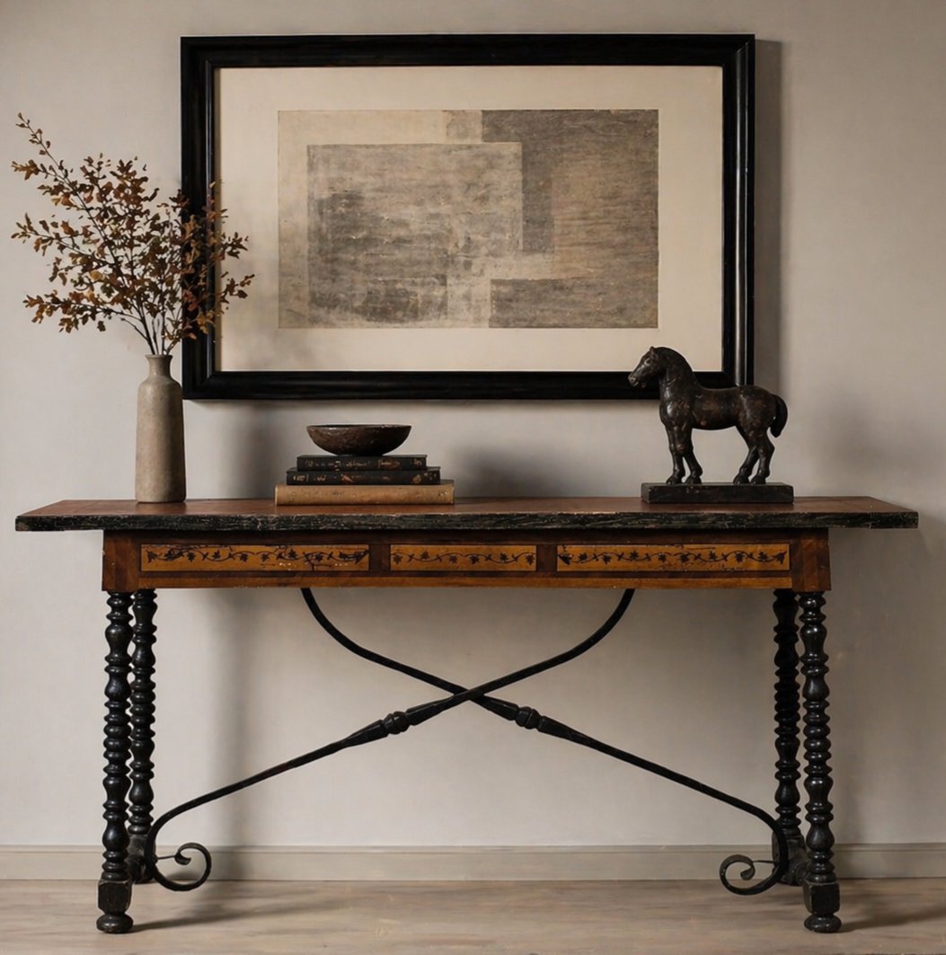 Tavolino console lombardo XVIII secolo intarsiato con gambe a rocchetto-photo-7