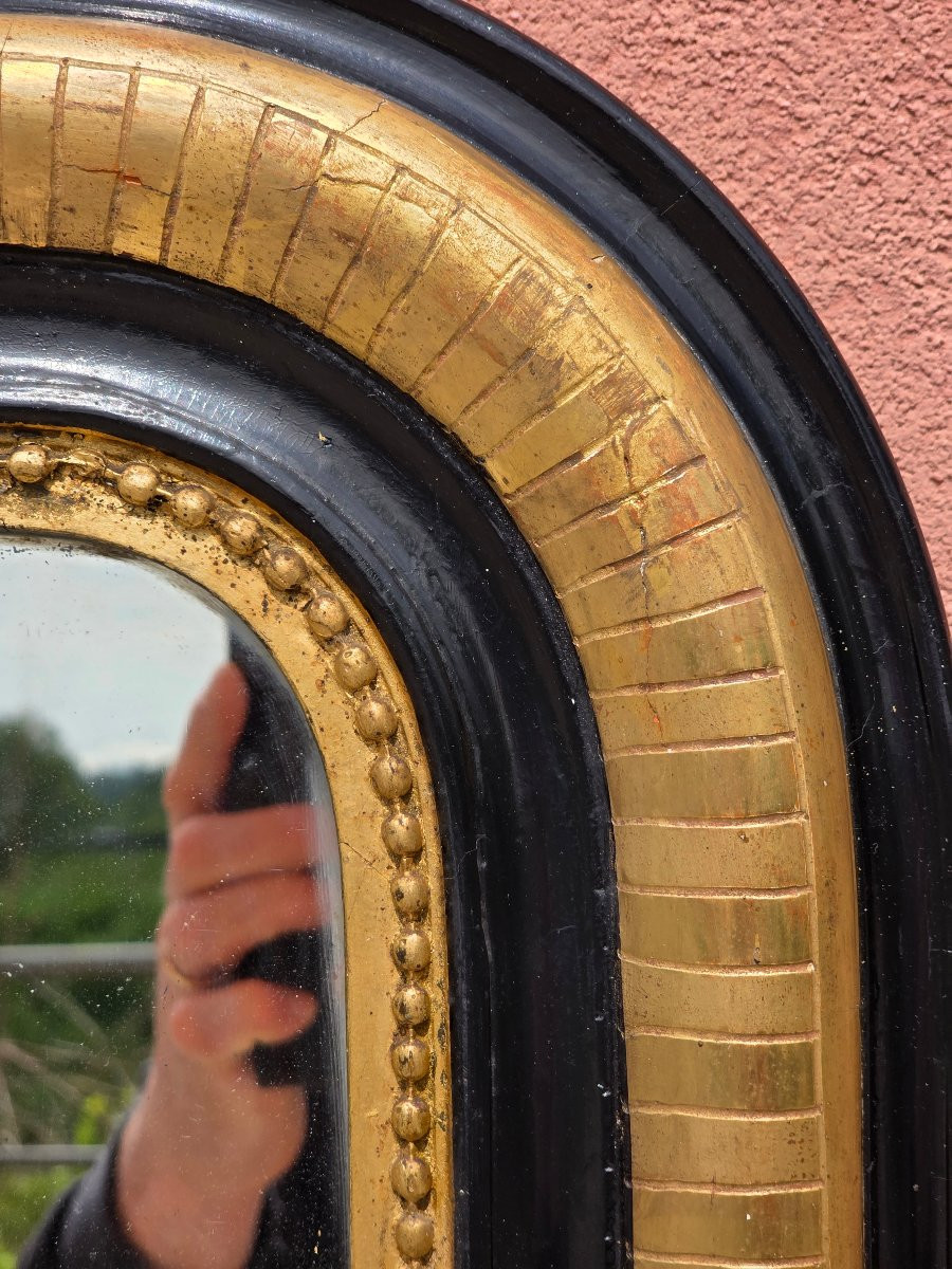 Specchiera francese fine XIX secolo dorata a foglia e laccata nera con specchio originale-photo-3