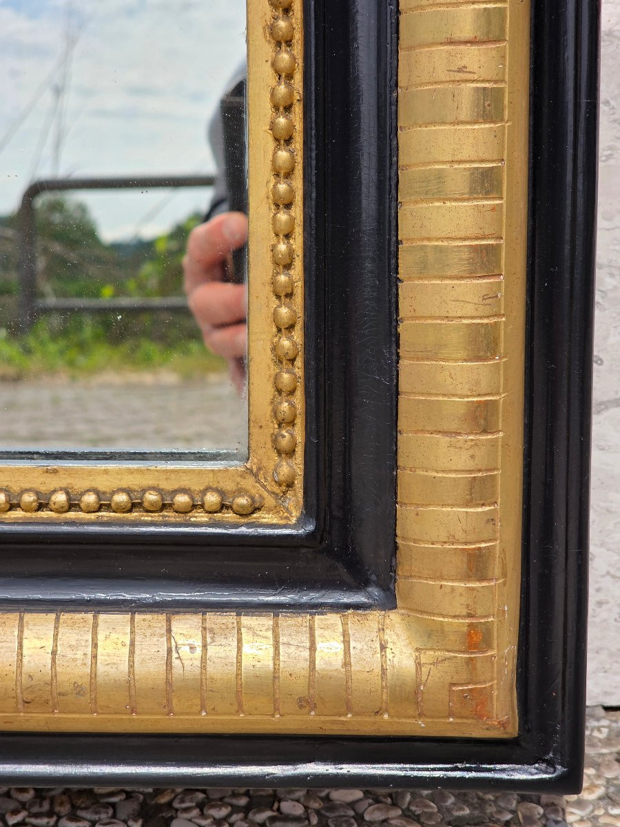 Specchiera francese fine XIX secolo dorata a foglia e laccata nera con specchio originale-photo-1