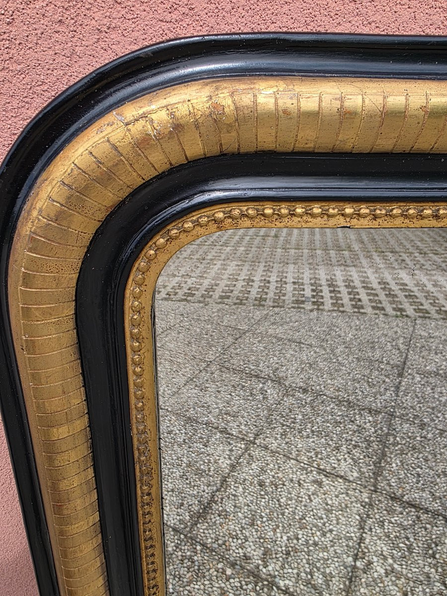 Specchiera francese fine XIX secolo dorata a foglia e laccata nera con specchio originale-photo-2
