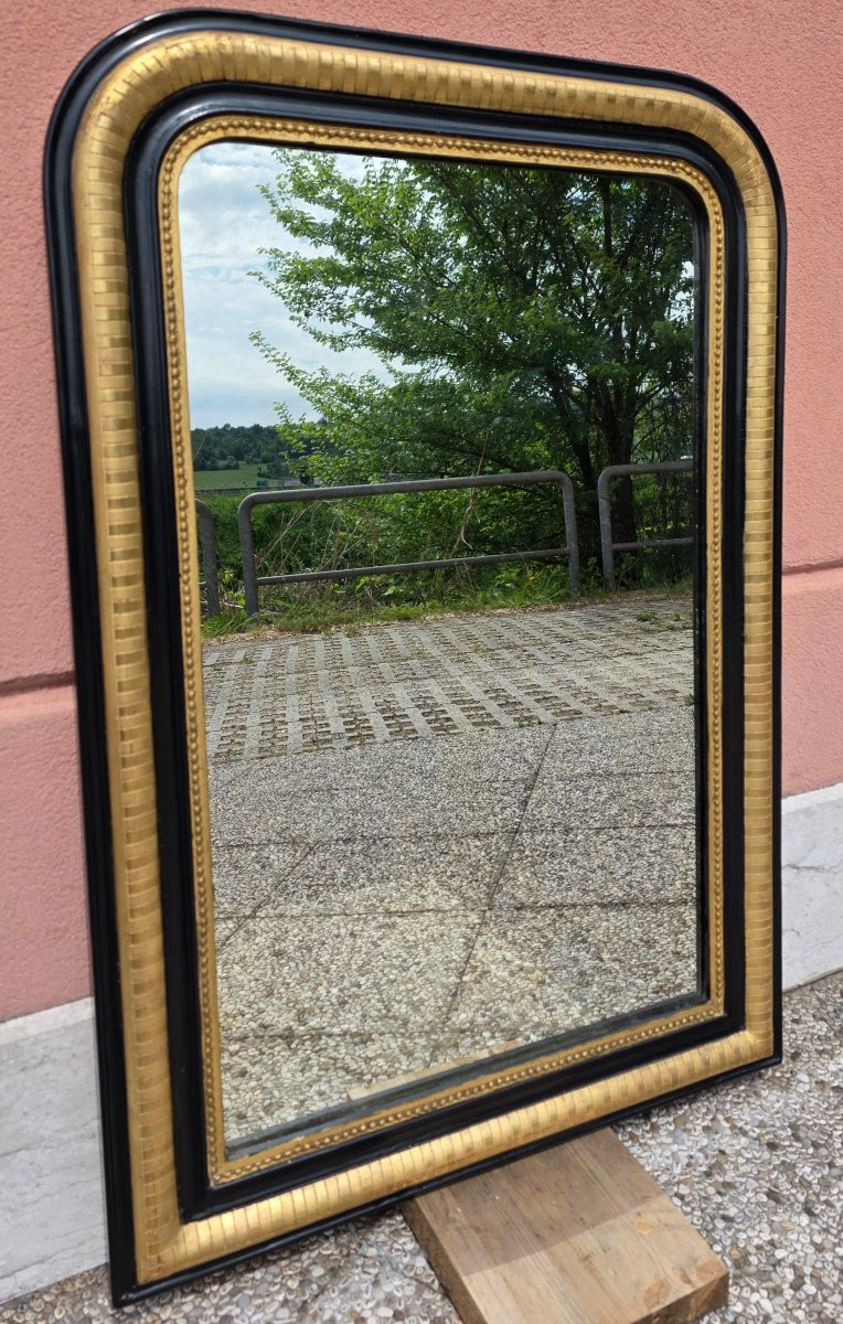 Specchiera francese fine XIX secolo dorata a foglia e laccata nera con specchio originale-photo-3