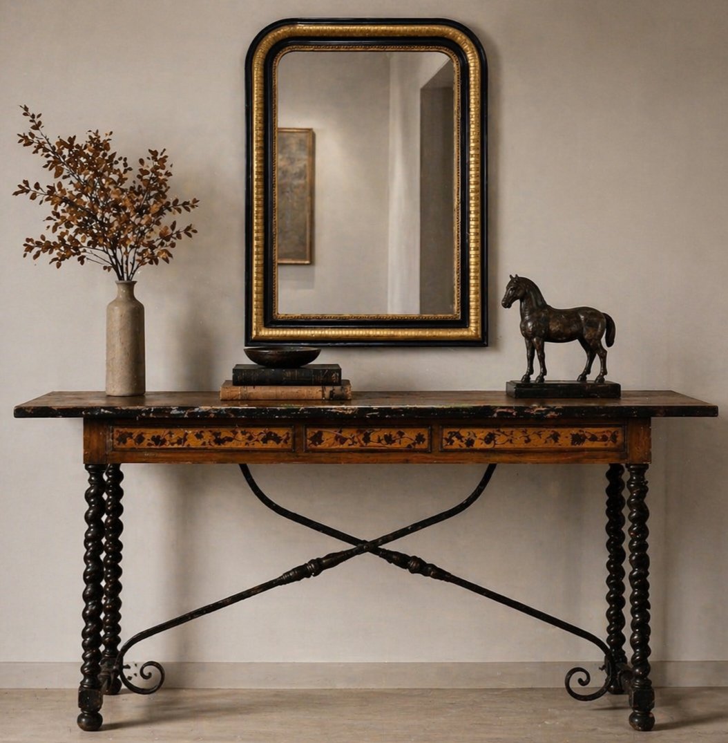 Specchiera francese fine XIX secolo dorata a foglia e laccata nera con specchio originale-photo-4