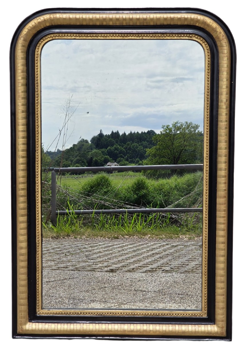 Specchiera francese fine XIX secolo dorata a foglia e laccata nera con specchio originale