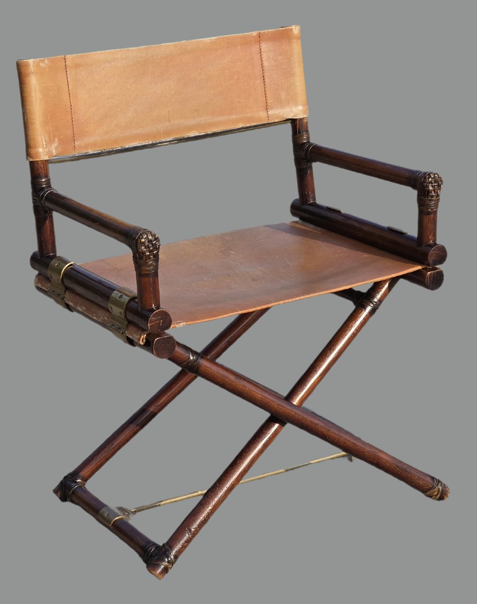 Sedia da regista pieghevole stile McGuire legno cuoio ottone anni ’70-photo-2