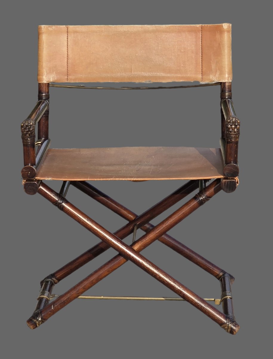 Sedia da regista pieghevole stile McGuire legno cuoio ottone anni ’70-photo-3