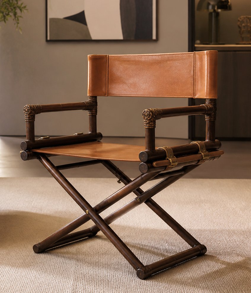 Sedia da regista pieghevole stile McGuire legno cuoio ottone anni ’70-photo-1