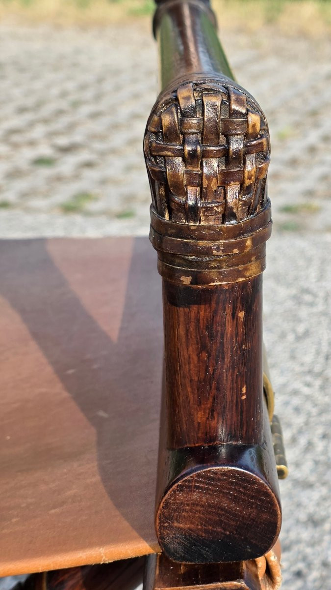 Sedia da regista pieghevole stile McGuire legno cuoio ottone anni ’70-photo-3