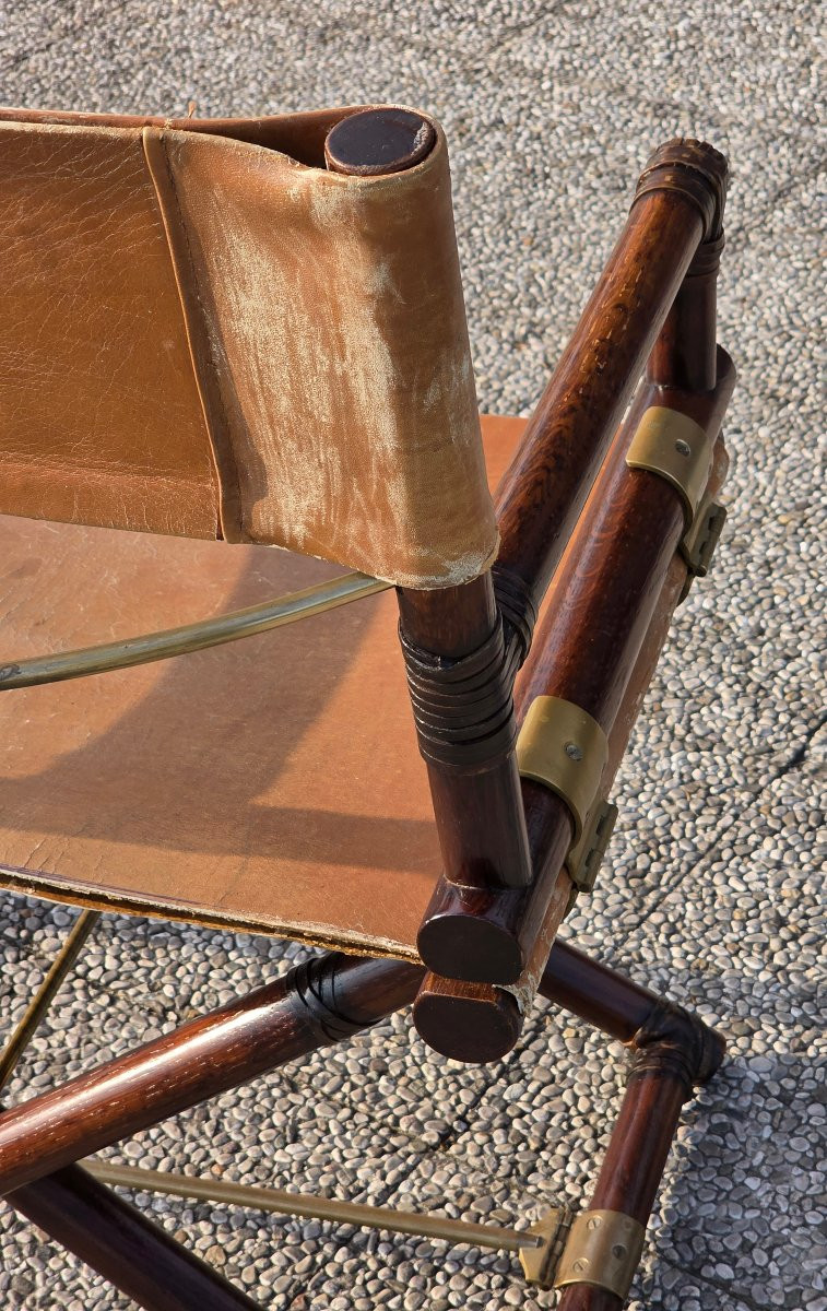 Sedia da regista pieghevole stile McGuire legno cuoio ottone anni ’70-photo-6