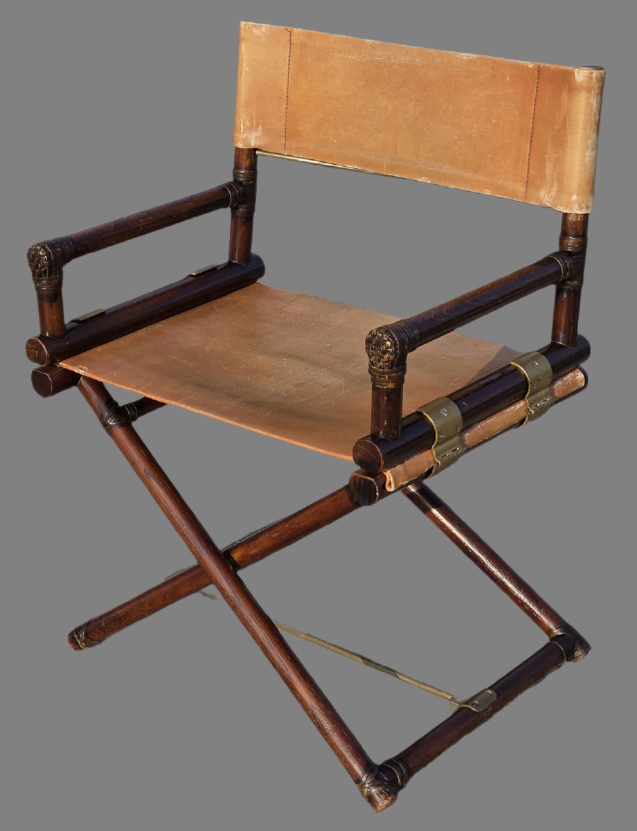 Sedia da regista pieghevole stile McGuire legno cuoio ottone anni ’70