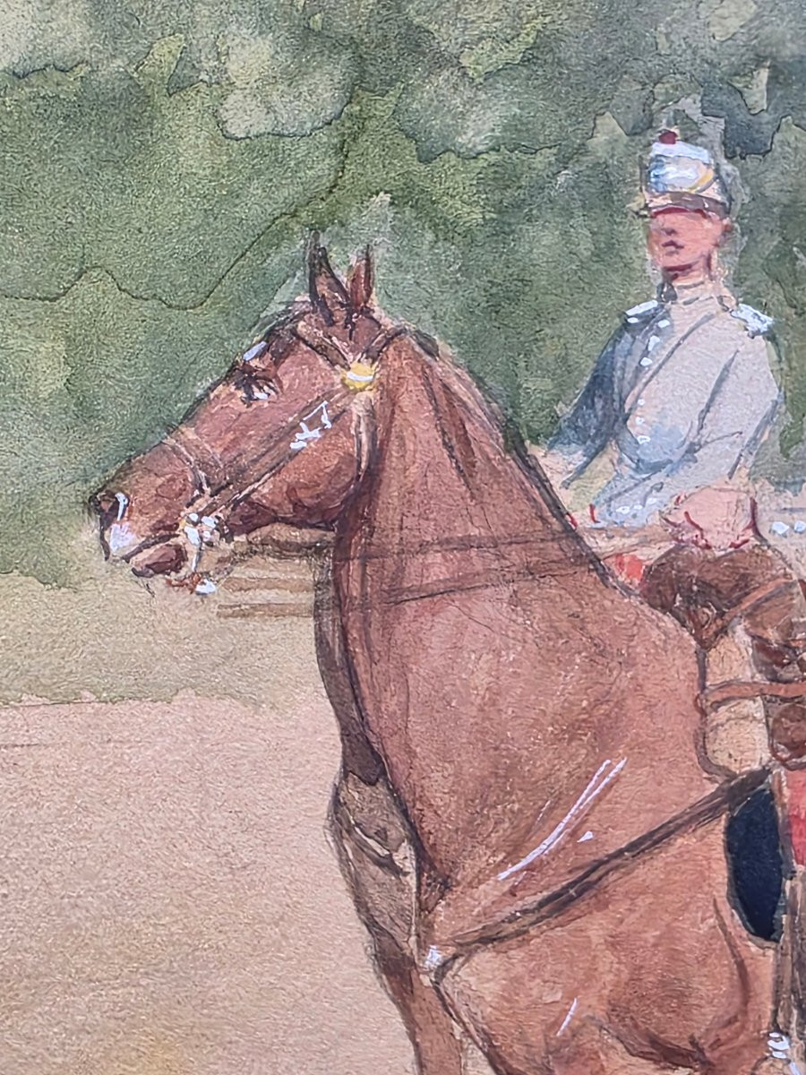 Acquerello militare con cavalieri firmato e datato 1912-photo-3