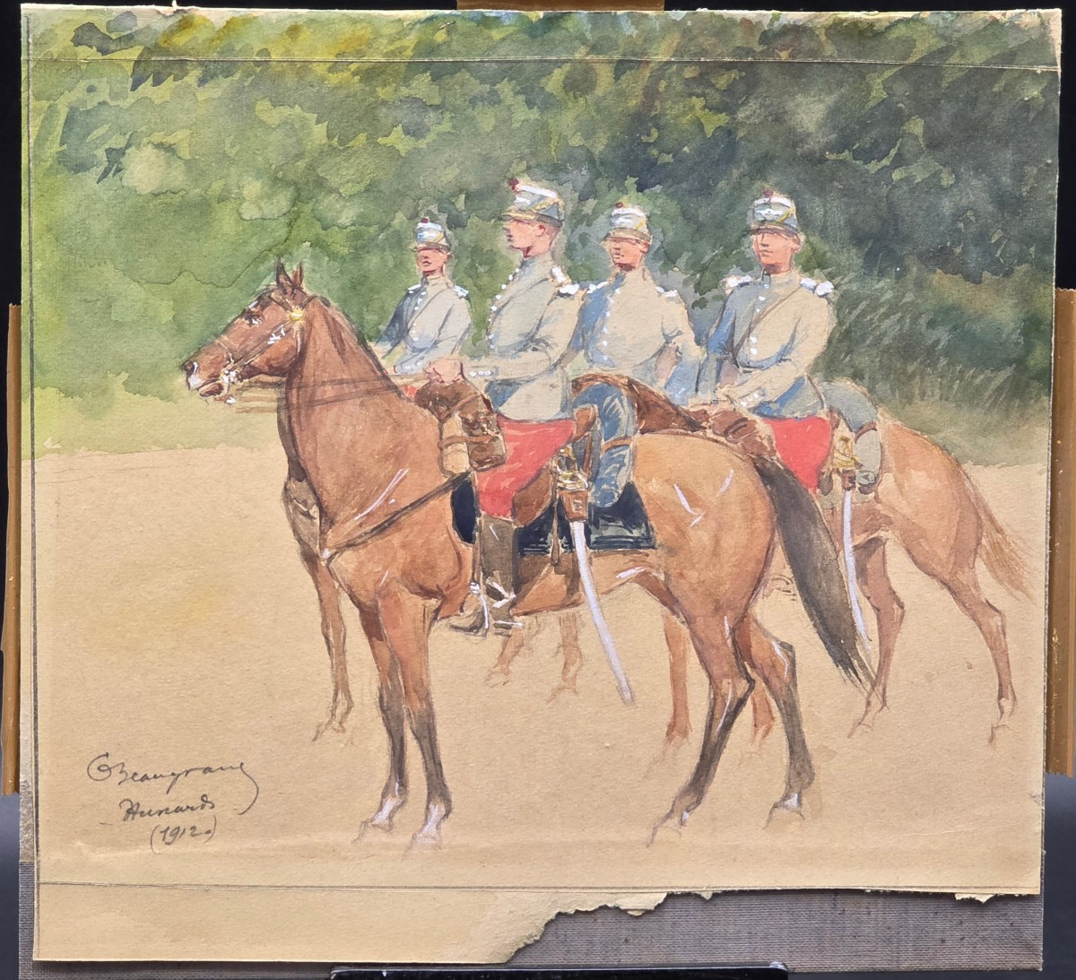 Acquerello militare con cavalieri firmato e datato 1912