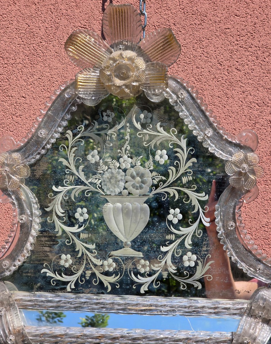 Grande specchiera veneziana in vetro di Murano inciso e molato, anni '50-photo-2