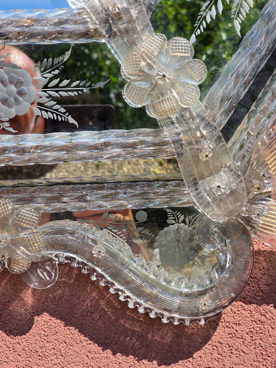 Grande specchiera veneziana in vetro di Murano inciso e molato, anni '50-photo-3