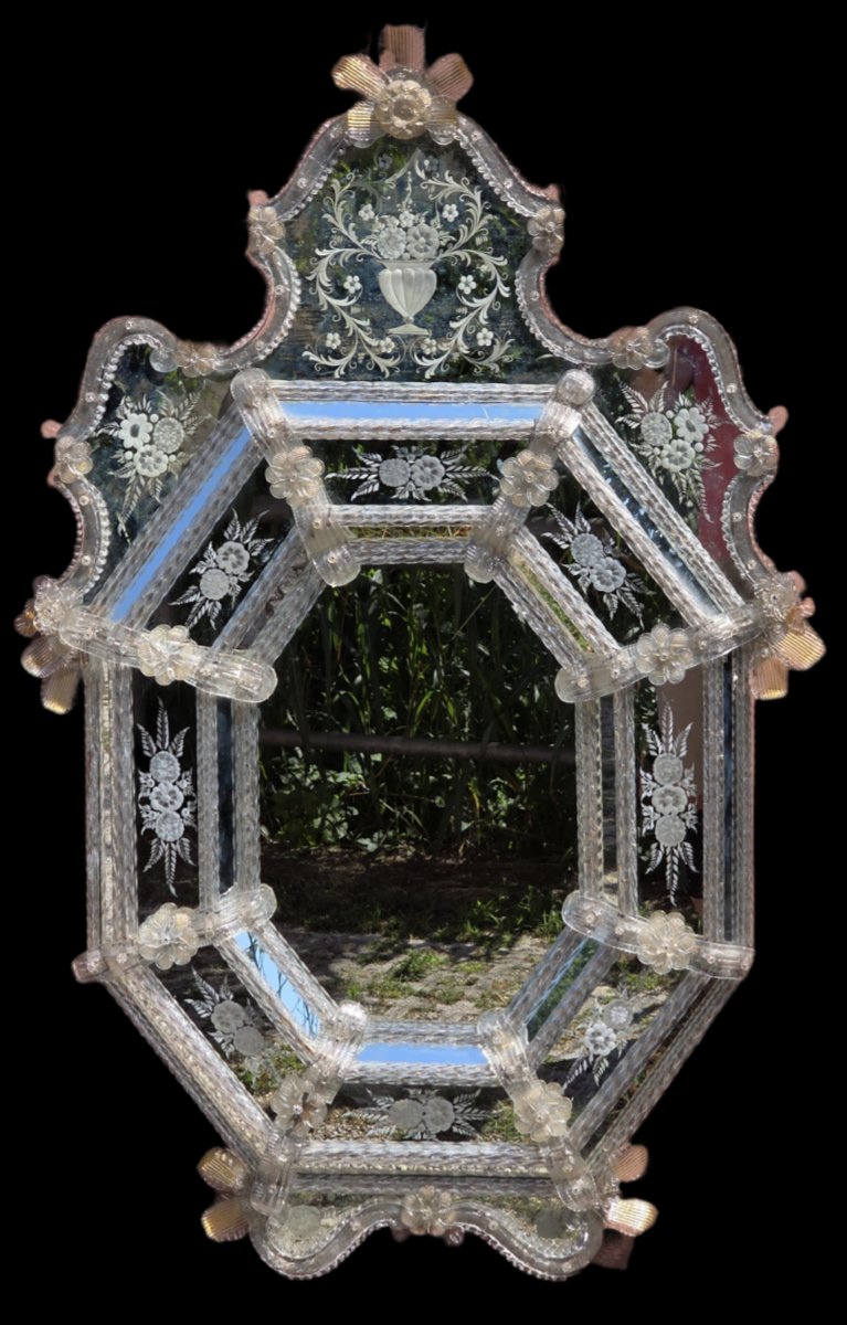 Grande specchiera veneziana in vetro di Murano inciso e molato, anni '50-photo-4