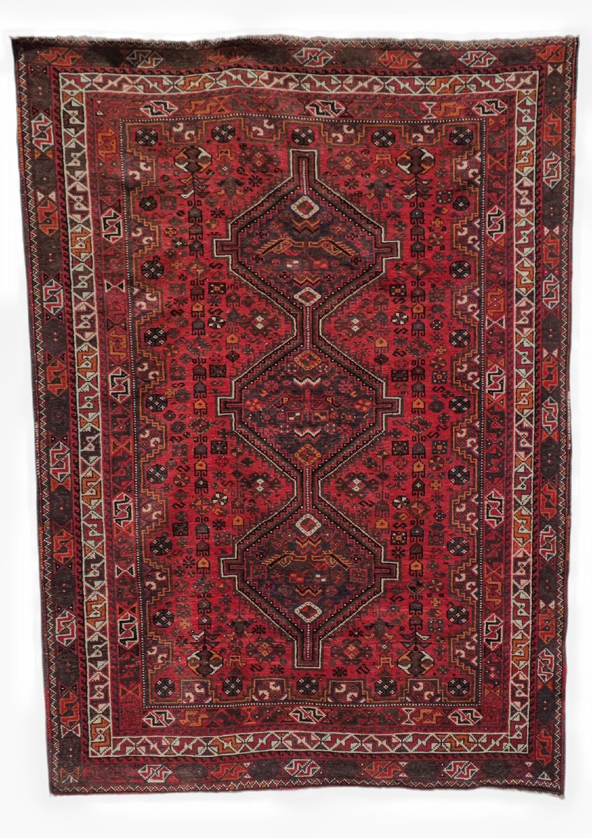 Grande tappeto persiano di manifattura tribale annodato a mano, anni '60-'70, 225 × 162 cm