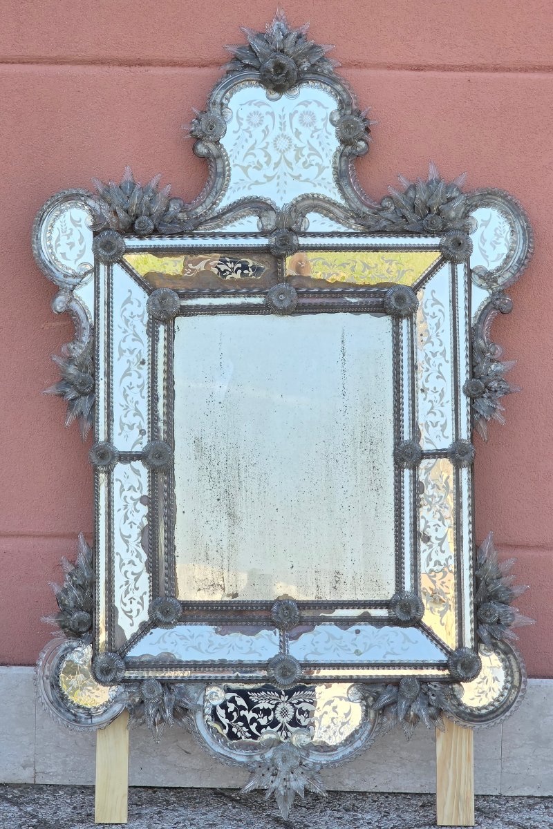Grande specchiera veneziana in vetro di Murano incisa e soffiata-photo-2